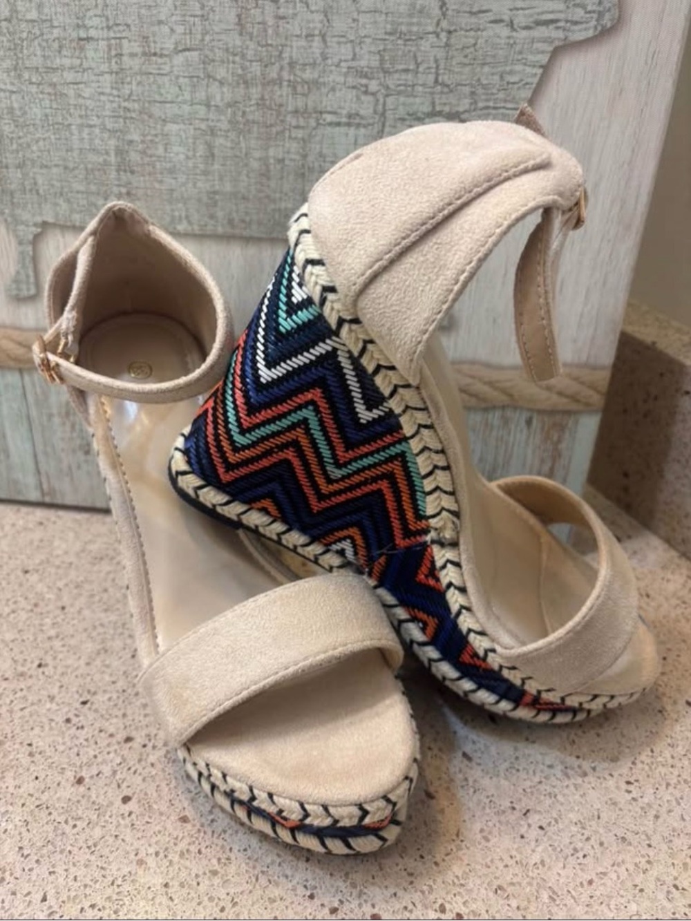 Beige Espadrille Wedge Sandals with Multicolor Chevron Accent